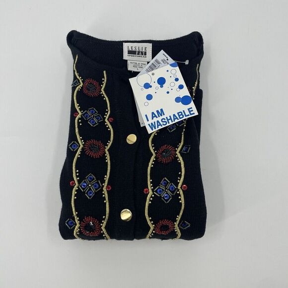 Leslie Fay Vintage Women Large Black Sweater Beaded Embellished Sequin Cardigan - Picture 14 of 15